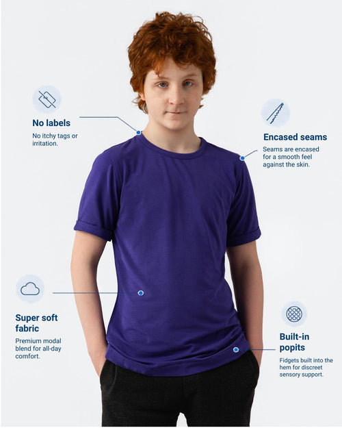 Fidget-T Sensory T-Shirt Caudwell Edition in purple